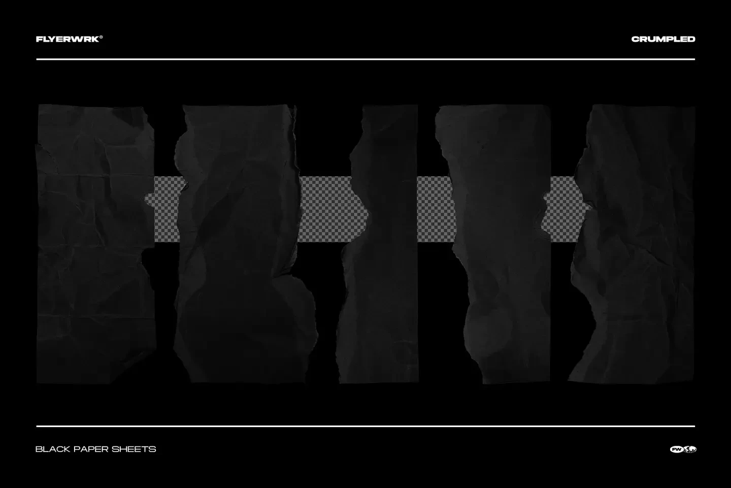 Selection of black crumpled paper sheets with authentic handcrafted torn edges on transparent background