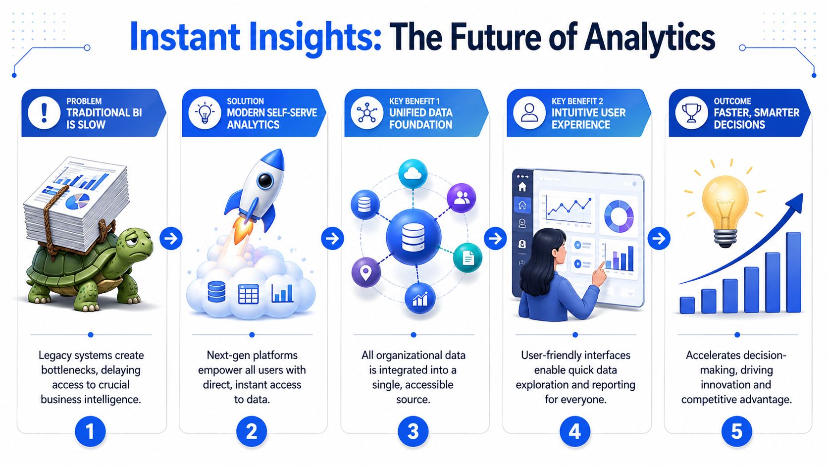 A five-step infographic showing the evolution from slow legacy business intelligence to fast, modern self-serve analytics.