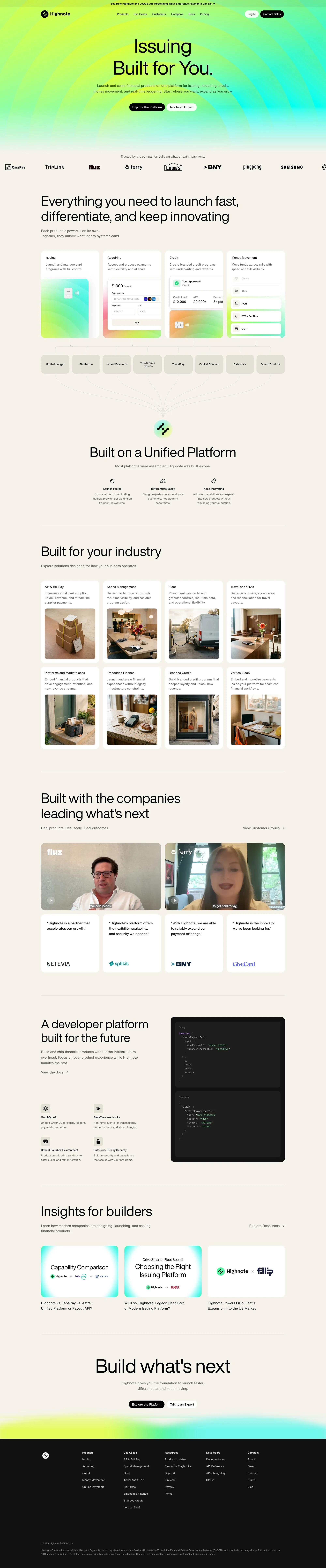 Highnote landing page screenshot showcasing Finance and Tech design