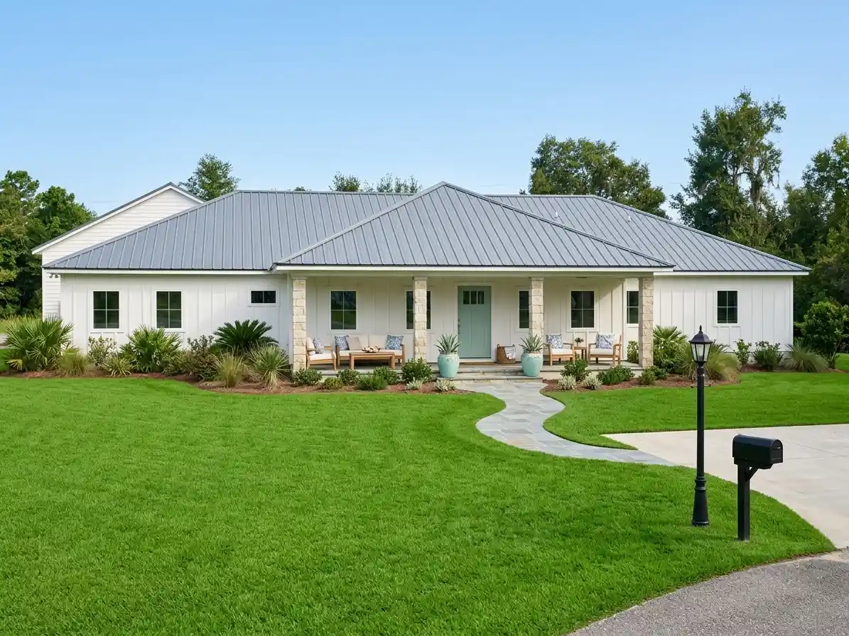 Completed Pow-R-Wall single-story custom home in Dade City, Florida — vertical fiber cement siding under a standing-seam metal roof