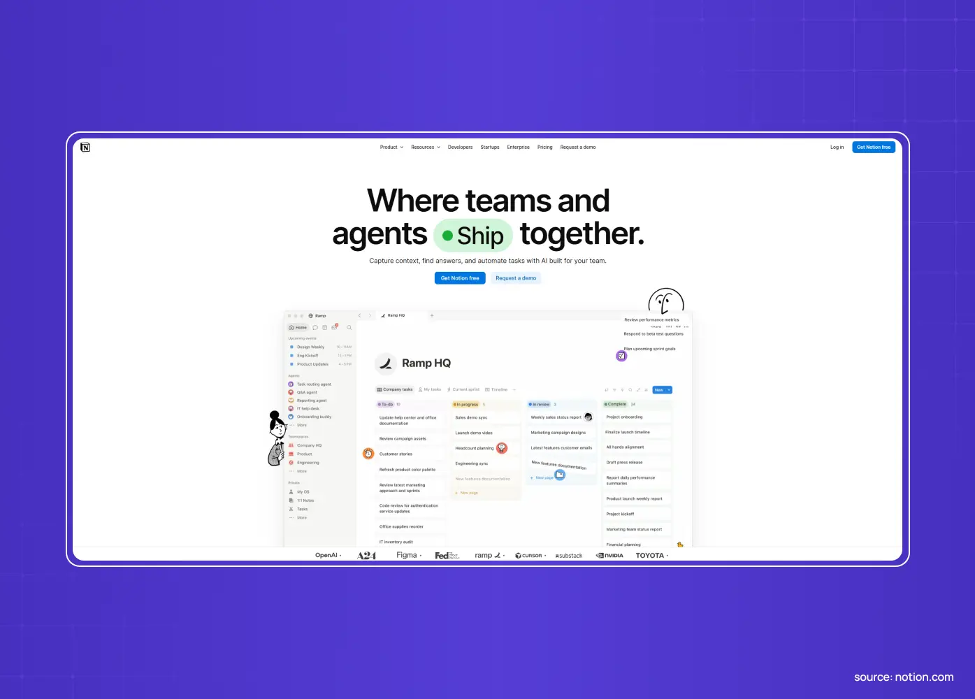 Notion website homepage with the headline “Where teams and agents ship together” and a product management interface displayed below.
