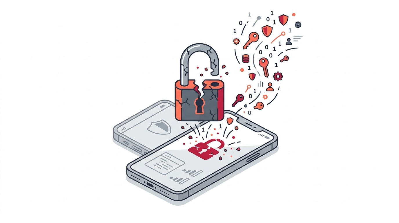 Flat illustration of a lock icon melting over a mobile app screen showing leaked API keys