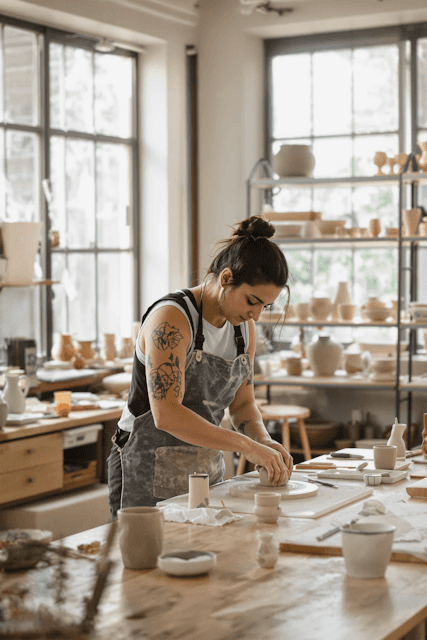 Woman crafting pottery in a sunlit studio, surrounded by tools and ceramic pieces, showcasing artistic focus and creativity.