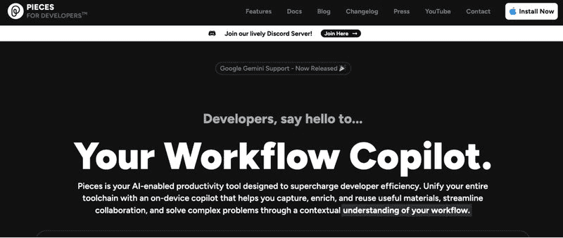 Homepage of Pieces, one of the best open source AI chatbots for developers.