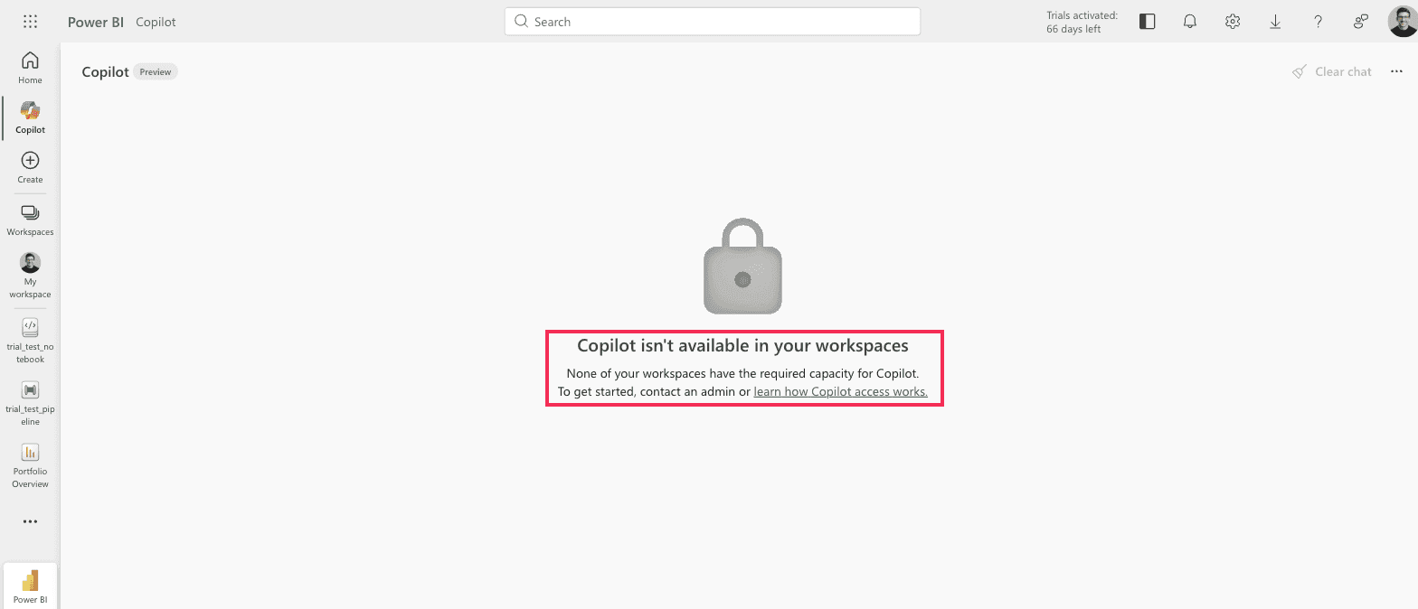 Power BI standalone Copilot showing a padlock icon and the message Copilot isn't available in your workspaces, with the explanation highlighted
