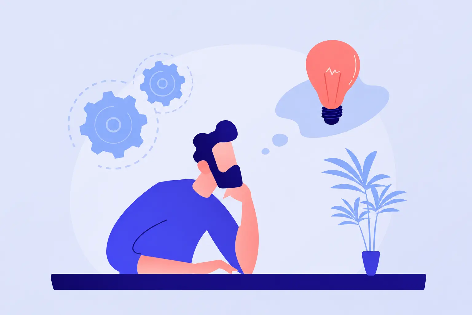 Illustration of a worship leader on the phone thinking through song choices, with turning gears and a lightbulb representing a structured framework for choosing worship songs.