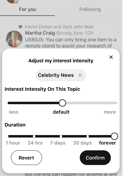 Compact card over the feed: three stops, less default more, a removable topic chip, and duration as a slider