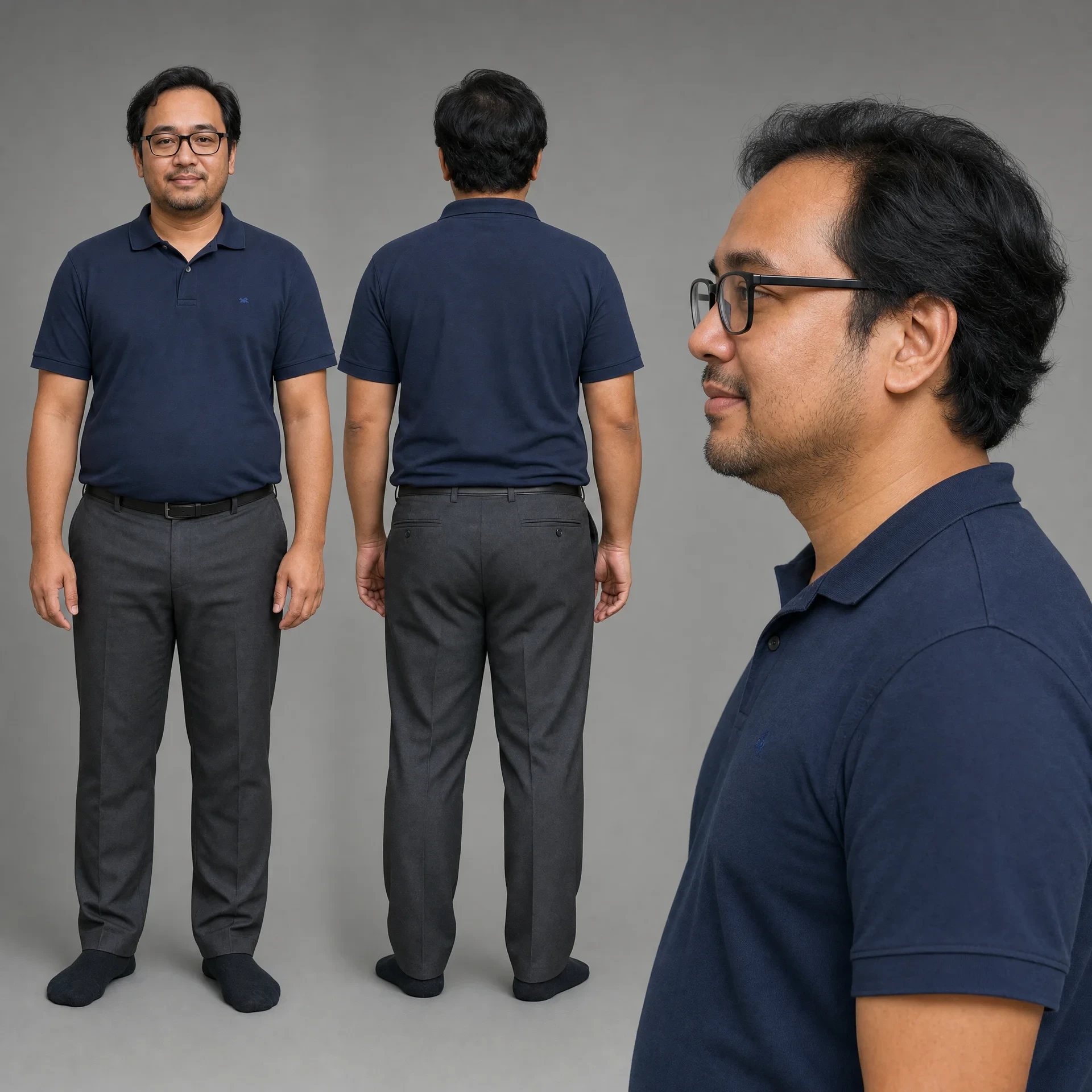 Character sheet for Faizal, the dad, showing front, back and profile