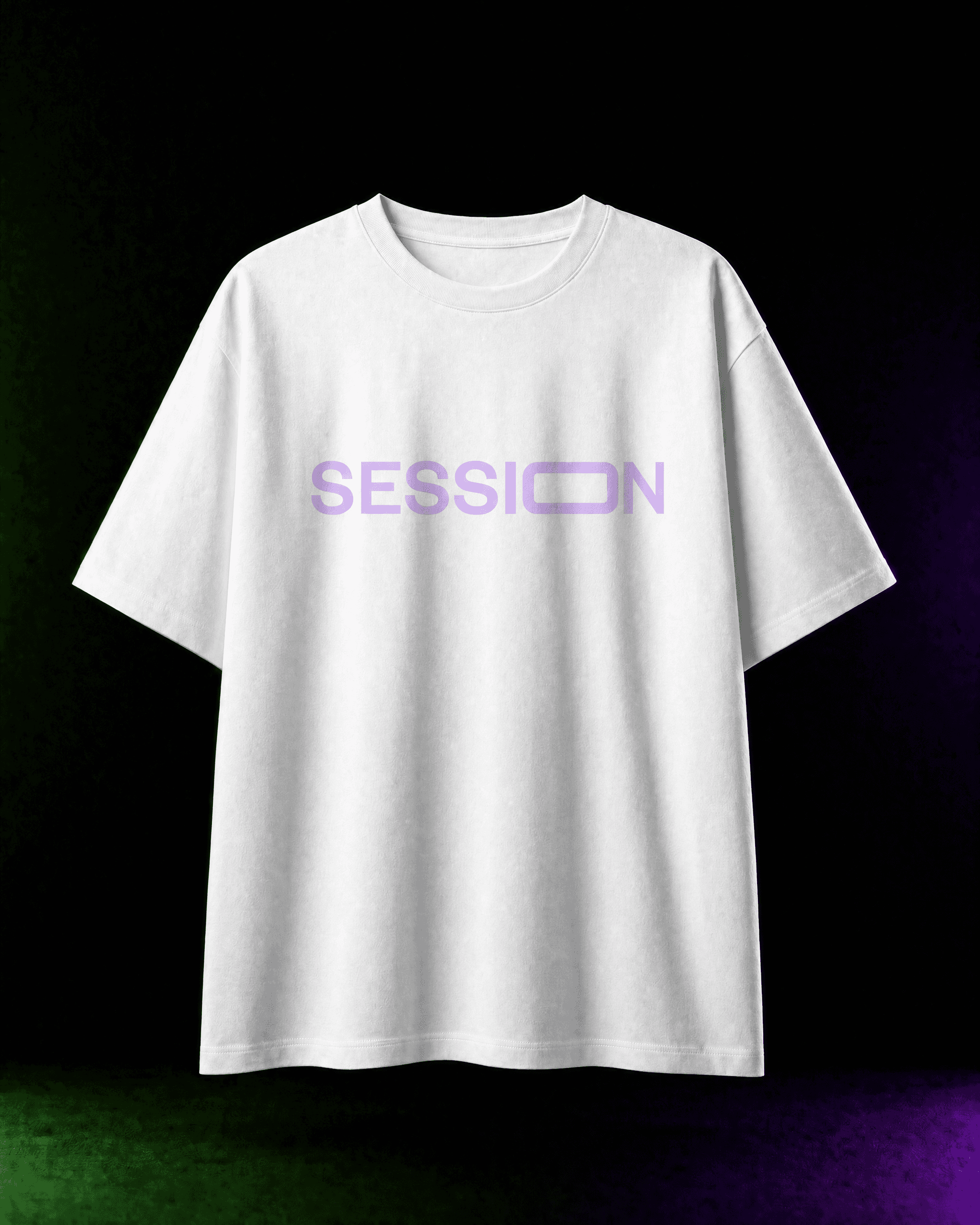 Front of a white Session Zone T-shirt with light-purple SESSION lettering across the chest.