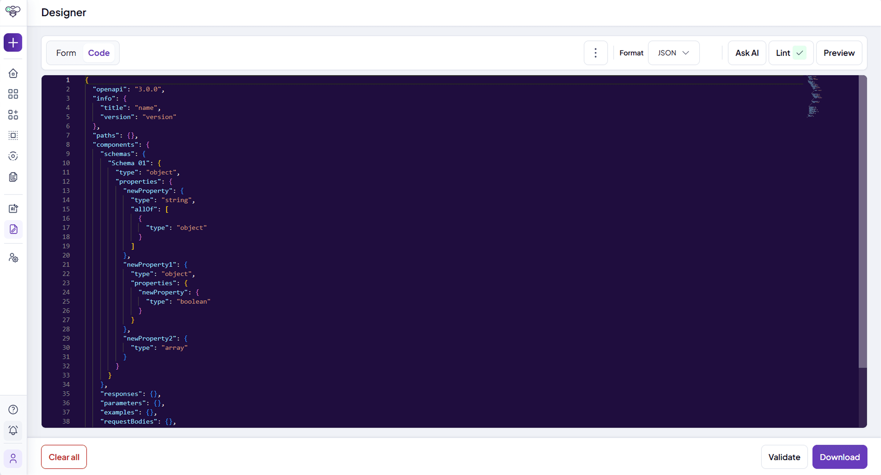 API Designer in Code View, showing the OpenAPI specification as JSON