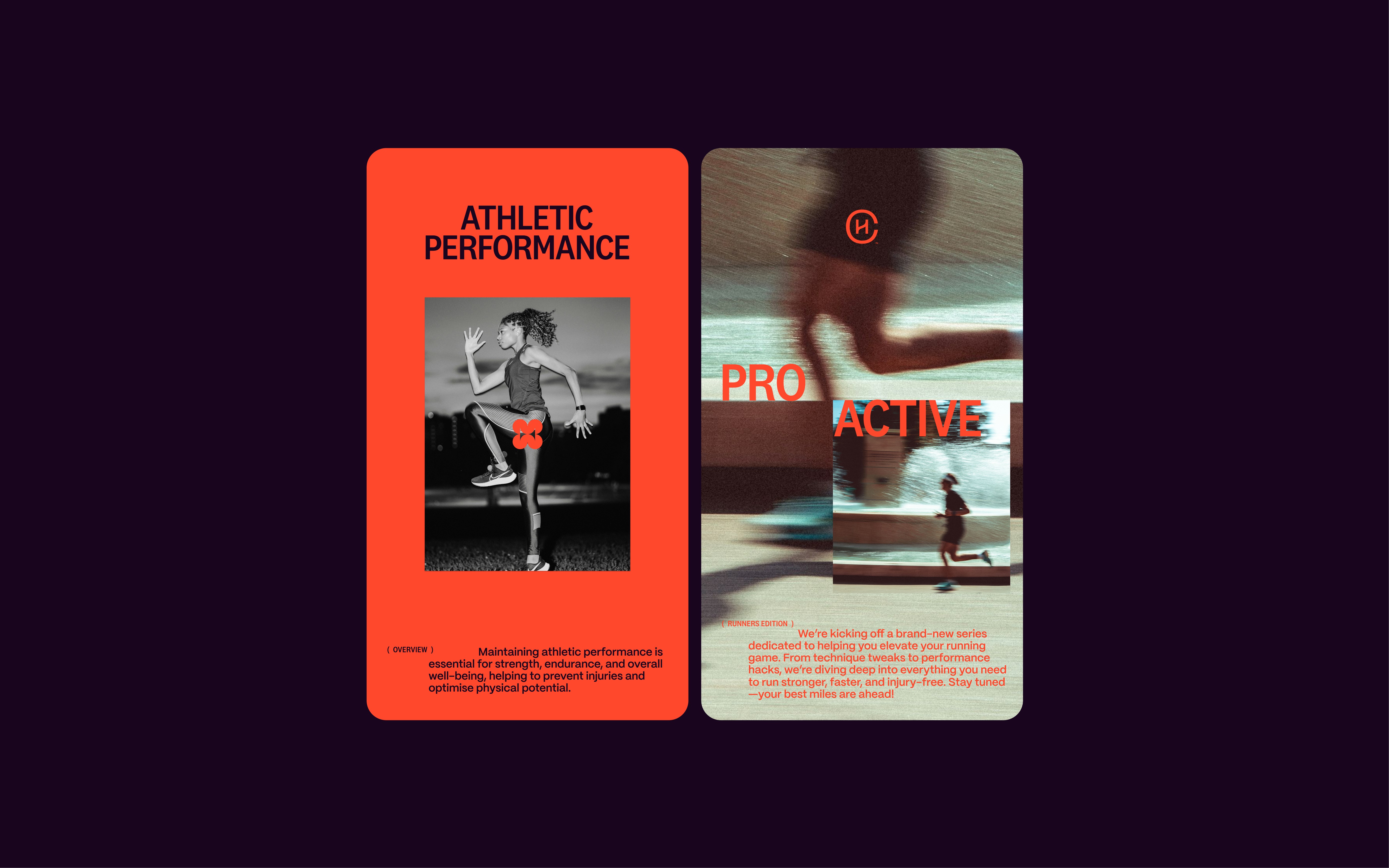 Athletic woman running at night promoting Chapter Health’s holistic performance programs, Australia Black and white portrait of woman representing wellness and recovery at Chapter Health Outdoor billboard for Chapter Health holistic healthcare in Australia, featuring two men discussing fitness