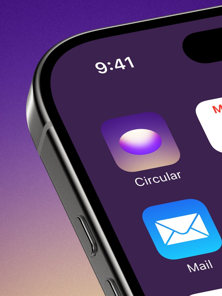 Partial view of a black smartphone screen against a purple gradient backdrop, displaying the “Circular” app icon (rounded square with a purple-pink pill logo) next to the Mail app icon, with the time reading 9:41.