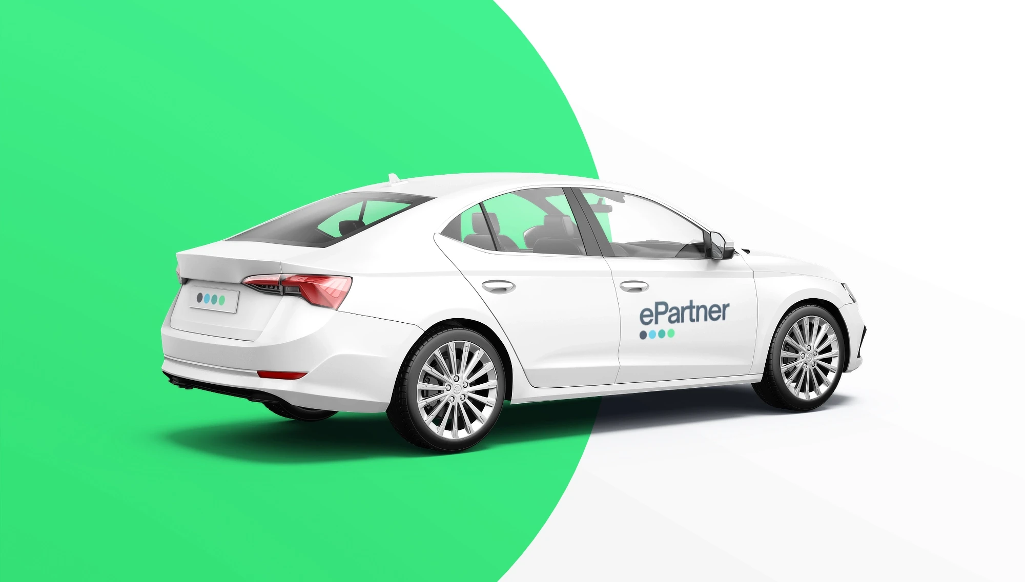 A rear-angle perspective mockup of a company fleet vehicle showcasing the back and side brand livery for ePartner by Studio Liminal.