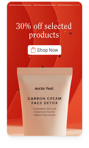 Closeup of Carbon Cream Face Detox in front of heart shaped arch. Text: 30% off selected products. Button: Shop now. Instagram Story.
