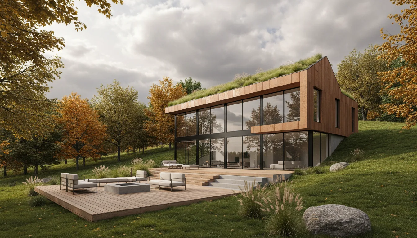 Architectural 3D render of a modern house from an AutoCAD project visualization, photorealistic, V-Ray style. The two-story structure is nestled on a lush, grassy hillside surrounded by deciduous trees, featuring a prominent living green roof, warm-toned weathered steel siding, and expansive black-framed glass walls. In the foreground, a multi-level wooden deck with integrated concrete steps hosts minimalist outdoor lounge furniture and a modern square concrete fire pit. The landscape is naturalistic, with tall ornamental grasses and a large grey boulder. The scene is illuminated by soft, diffused daylight under a dramatic, cloudy sky, captured from a wide-angle, low-angle perspective.