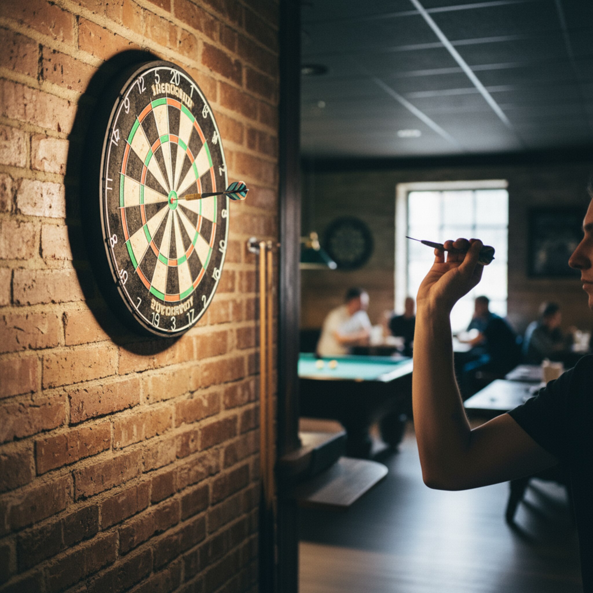 Ein beleuchtetes Dartboard füllt die Bildmitte, feine Gebrauchsspuren im Kork. Ein Wurf ist unterwegs, der Arm eines Spielers im Fokus, die Pfeile zeichnen eine Bewegung in der Luft. Gedämpftes Barlicht, leichte Schatten an der Backsteinwand. Ein kurzer Moment gespannter Ruhe vor dem Aufprall.