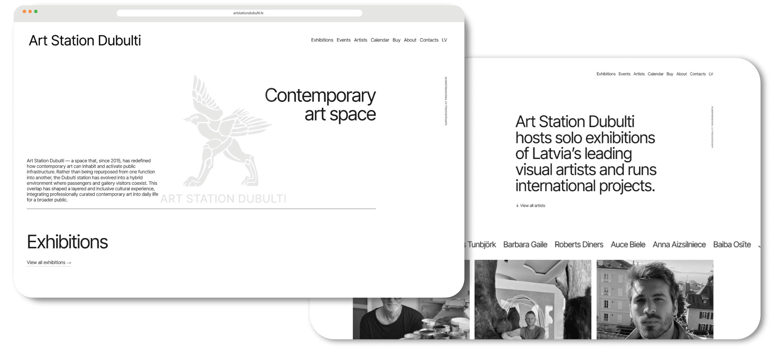 Mākslas stacija Dubulti mājas lapas datora skats ar sākumlapu un mākslinieku sadaļu, veidots uz Framer platformas