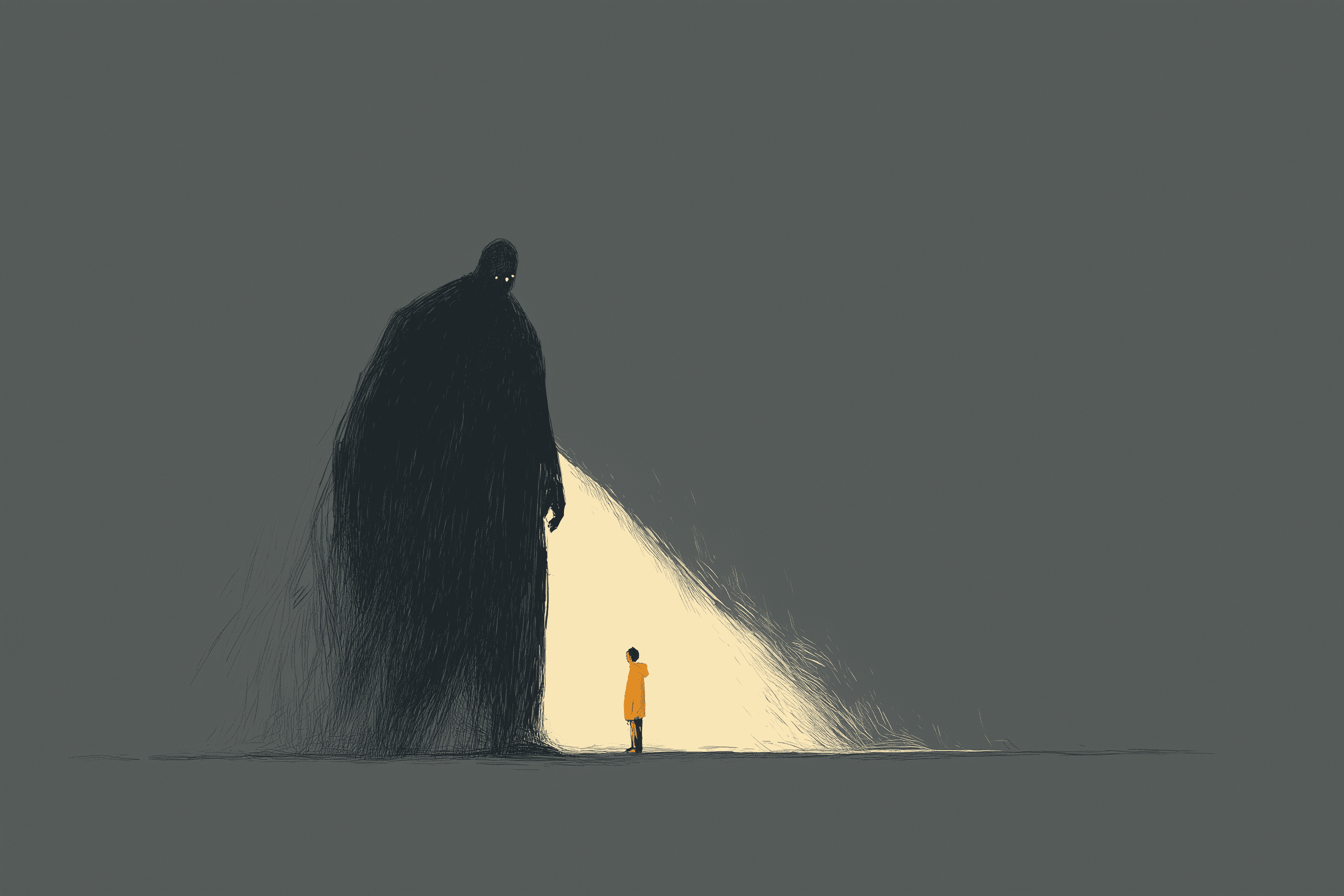 Illustration showing fear towering over someone.