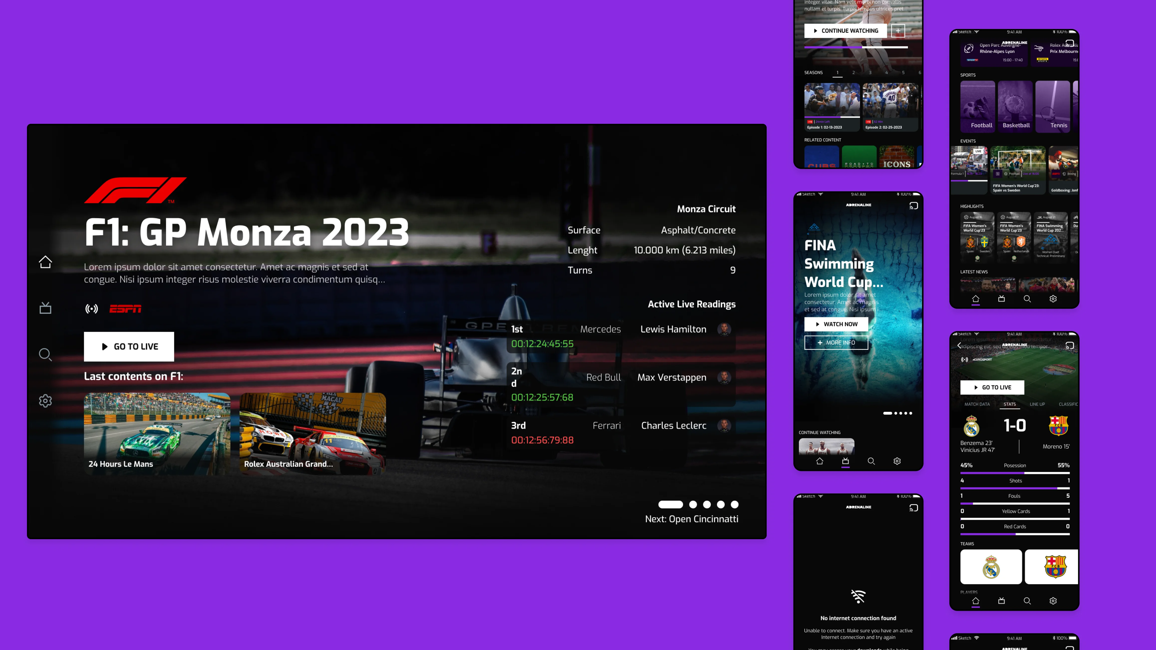 A set of sports app mockups showcasing various screens and features.