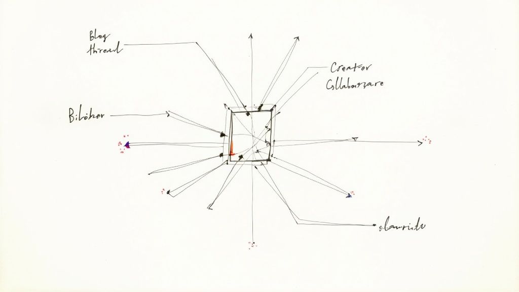 Hand-drawn diagram showing personal brand strategy with central hub connecting to creator collaborations, blog threads, and social channels