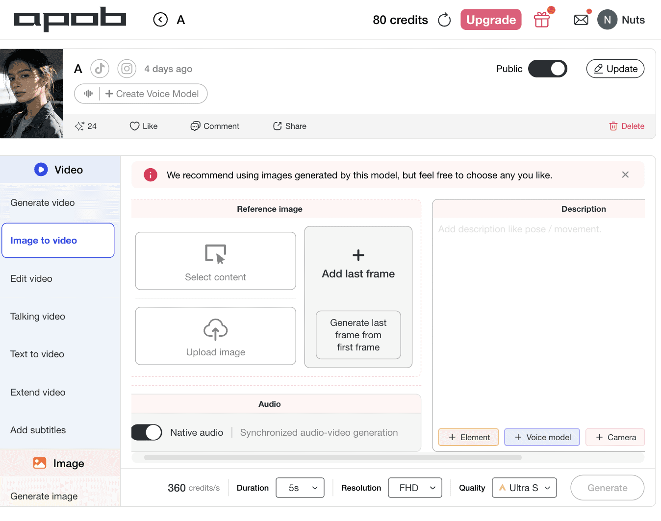 Interfaz de renderizado de APOB AI con carga de imagen de referencia, campo de descripción y controles de cámara para animación precisa de personajes con IA en campañas sociales.