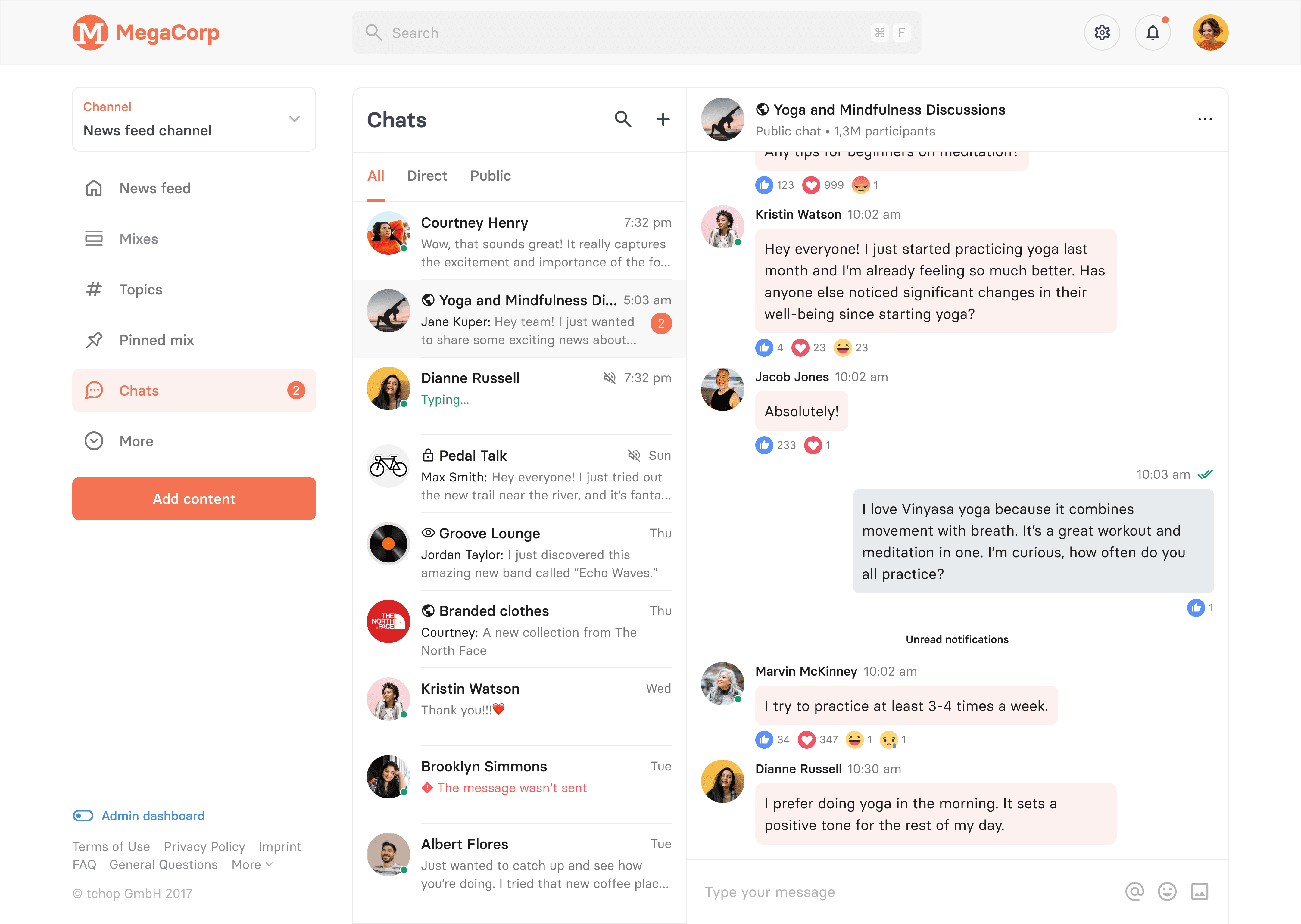 Die Chat-Oberfläche der tchop™ Web-App zeigt mehrere aktive Unterhaltungen, darunter einen öffentlichen Chat mit Teilnehmern, die in Echtzeit diskutieren. Benutzer können Nachrichten senden, reagieren und antworten.