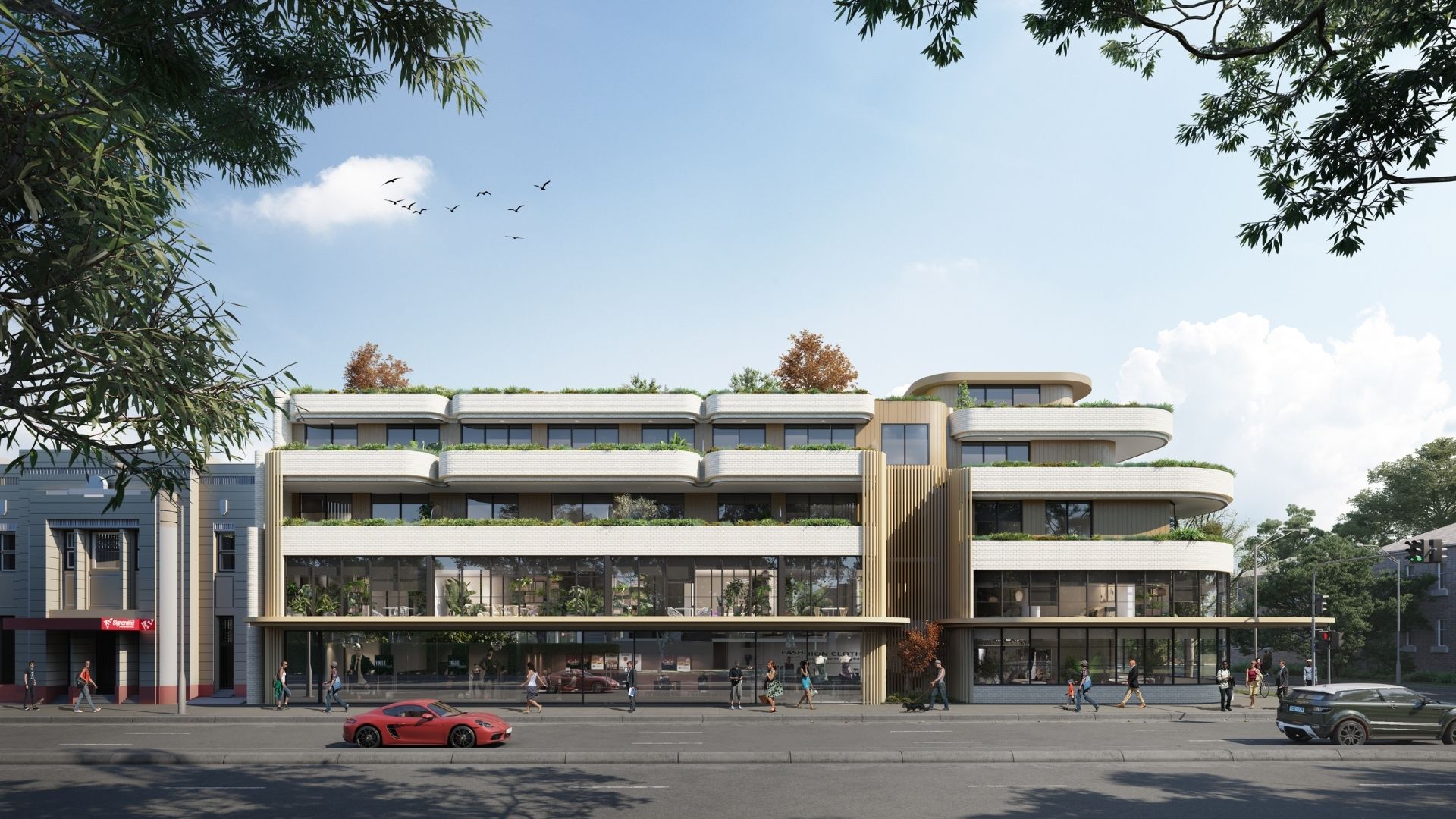 Photorealistic 3D exterior render of a modern mixed-use property development by AvenueHaus