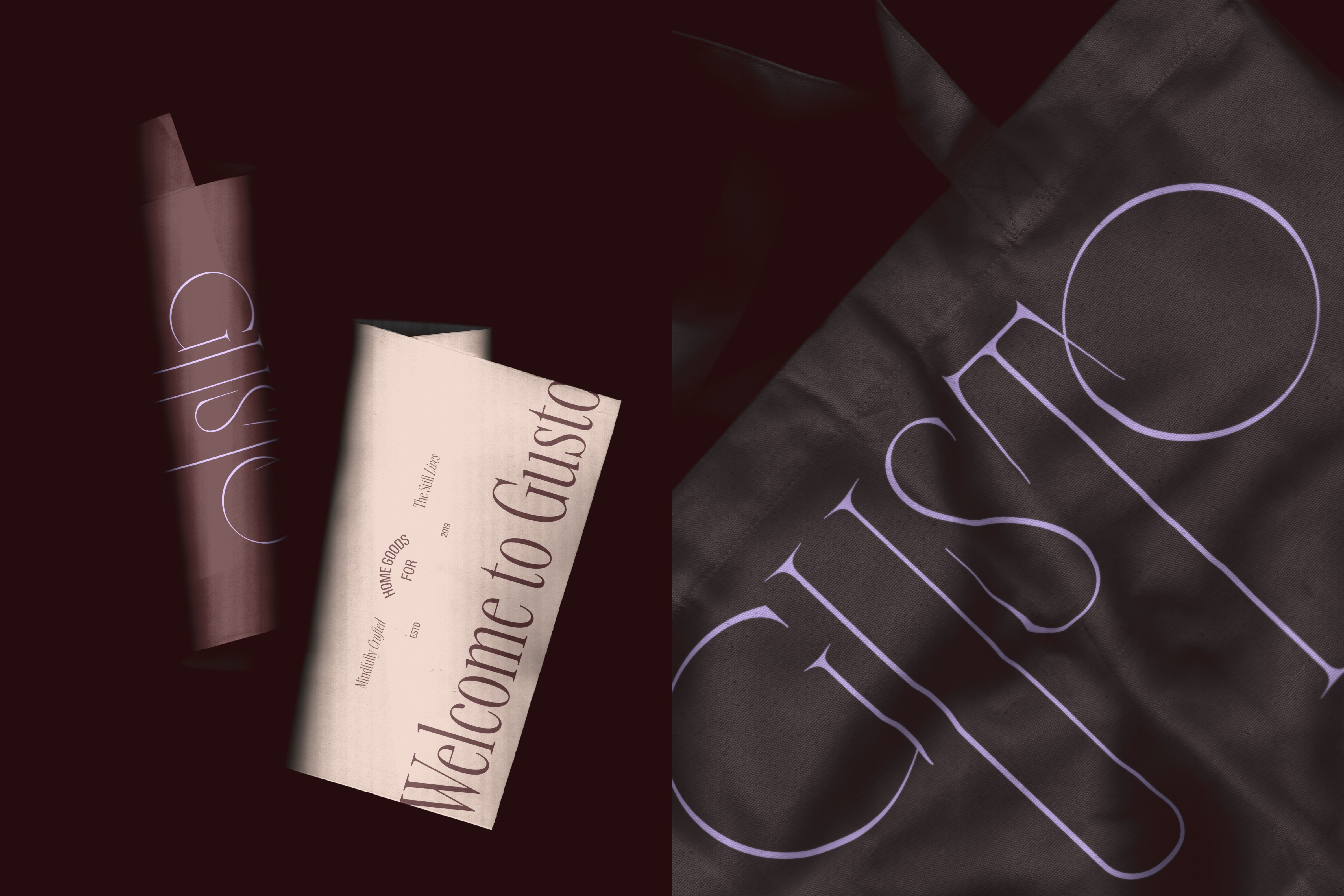 Gusto-branded tote bag and marketing collateral, featuring the brand’s signature typography and refined packaging design.
