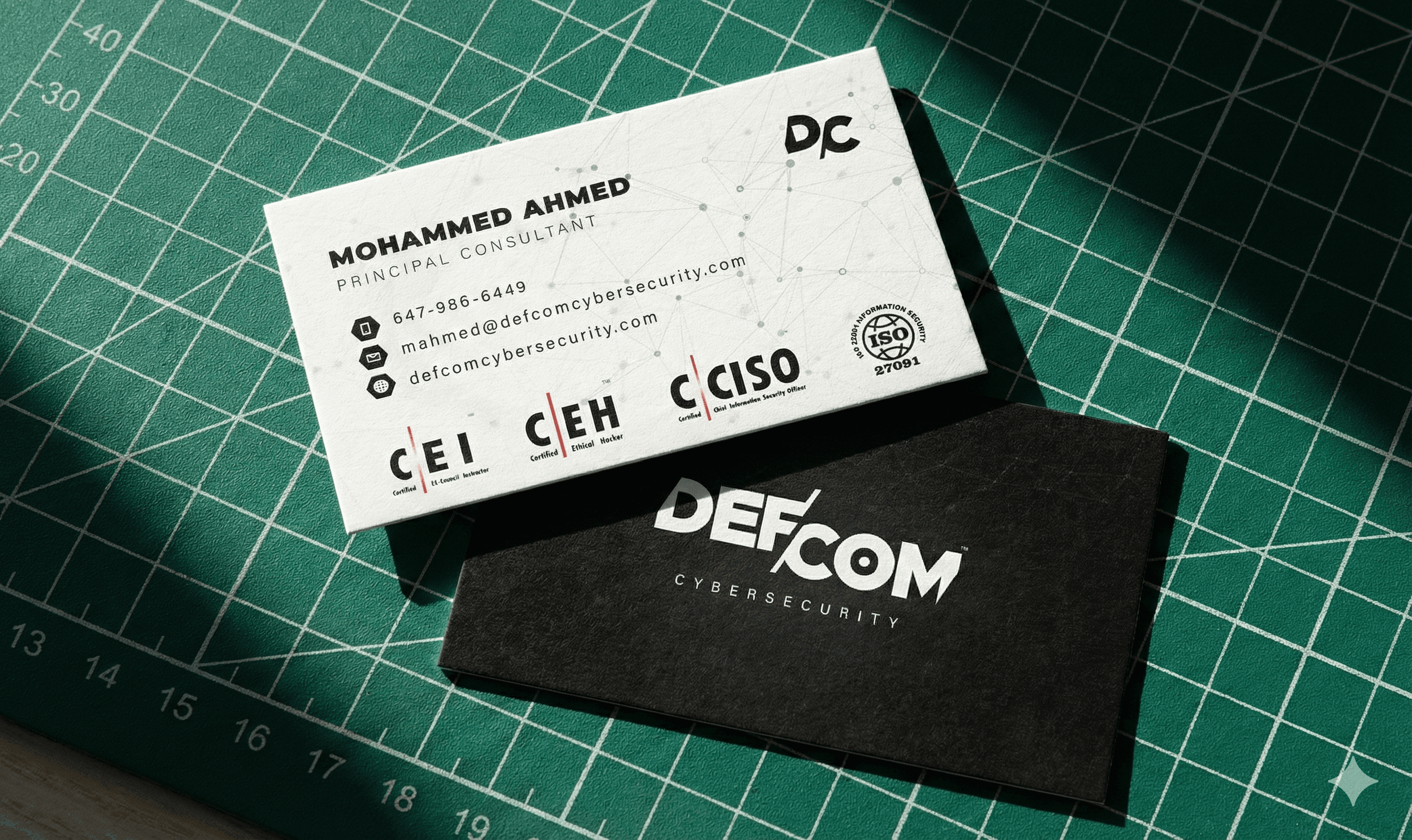 The design features a stark duality to reinforce the black-and-white brand palette. The front is entirely matte black, representing the "unseen" threat landscape, while the back is stark white, representing the clarity and illumination Defcom brings. Flipping the card mimics the act of turning on a light in a dark room.