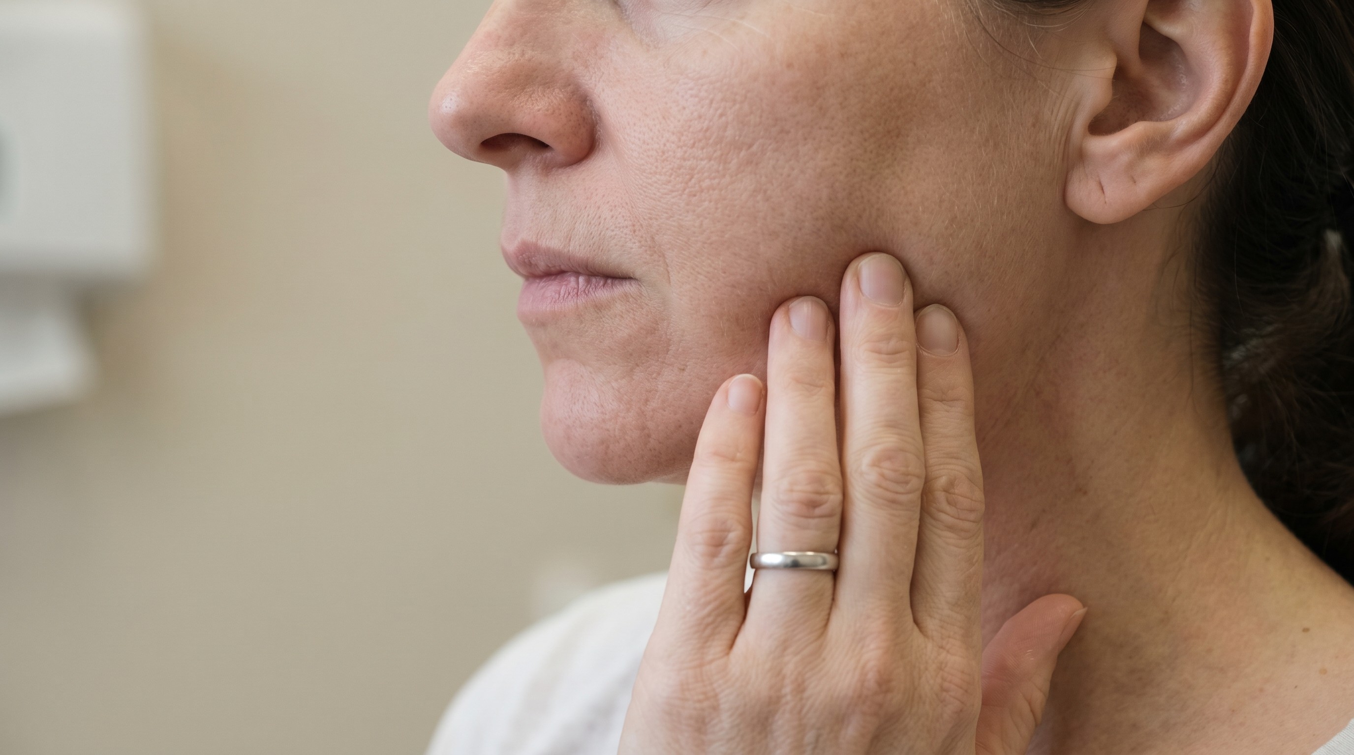 Adult patient touching their lower jaw near the ear, indicating soreness after dental implant healing