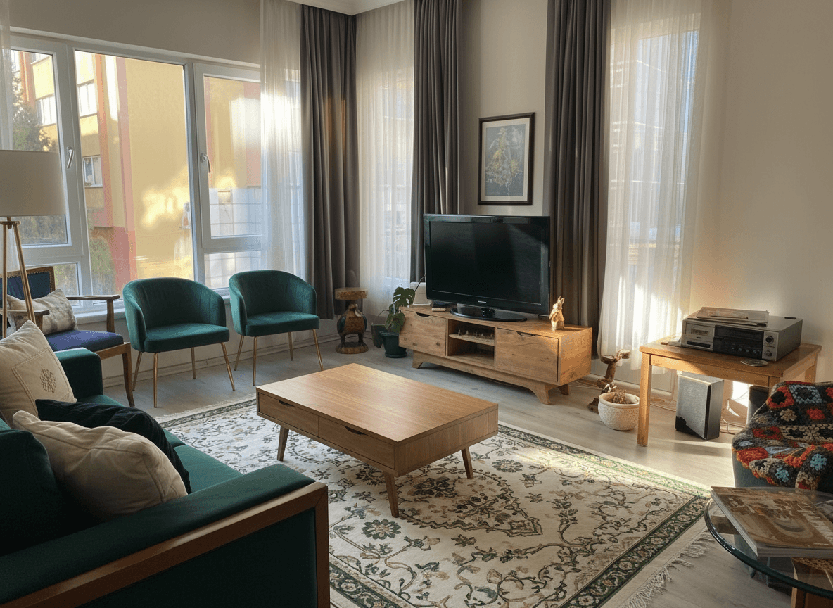 AI room design image, emerald green sofa with brass coffee table and walnut console