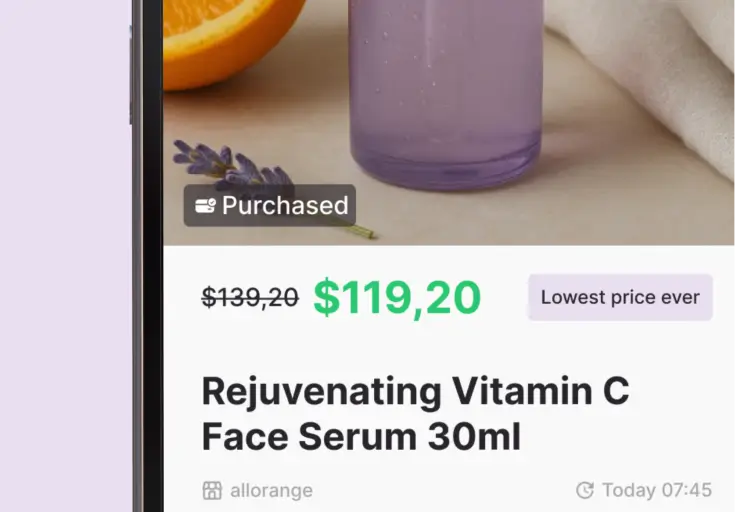 A close-up screenshot of the Whisprice product page for Rejuvenating Vitamin C Face Serum 30ml, showing the current price of $119.20 crossed down from $139.20, a "Lowest price ever" badge, and a "Purchased" label overlaid on the product image.