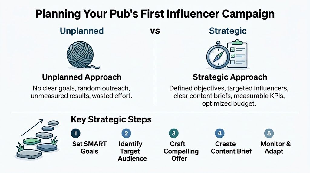 An infographic comparing unplanned versus strategic approaches for planning a pub's influencer marketing campaign.