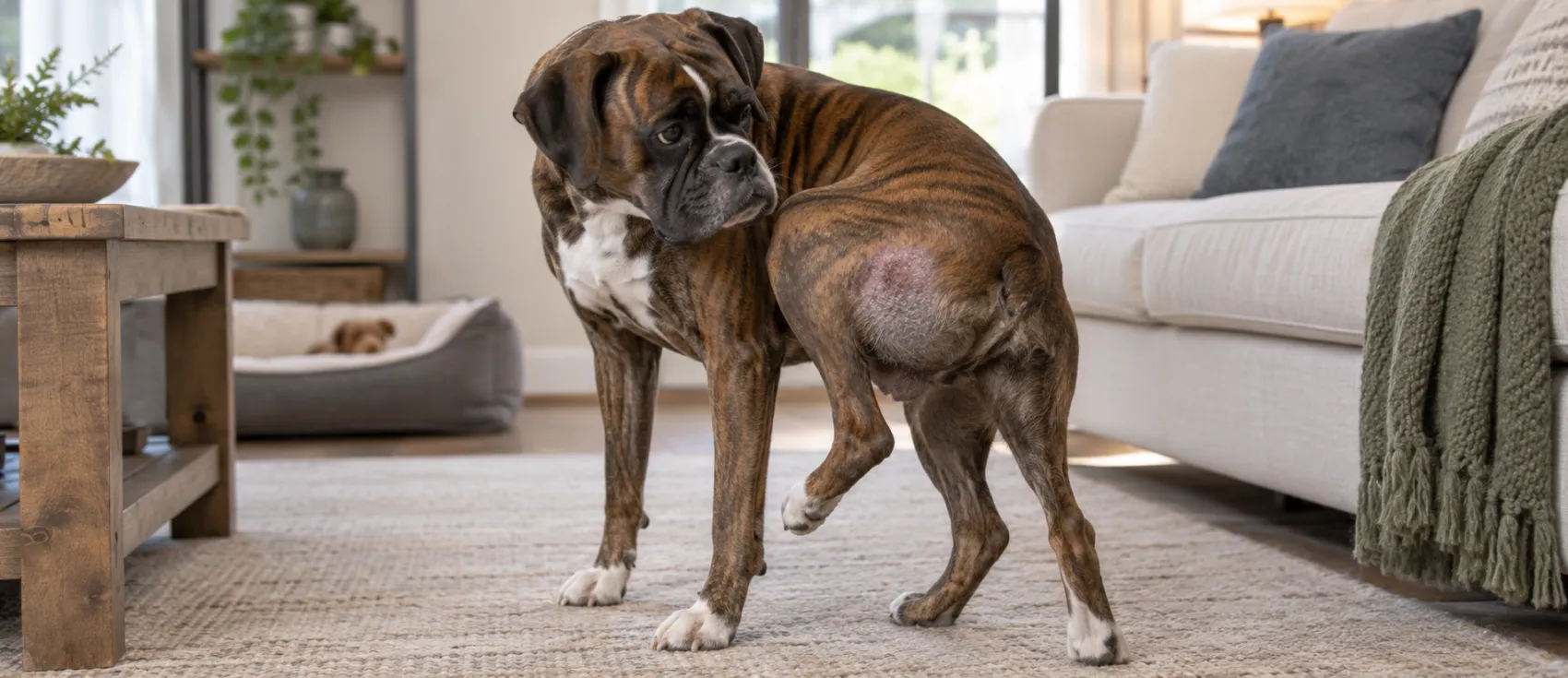 A Boxer dog turns to lick a circular, hairless patch of skin on its hindquarters.