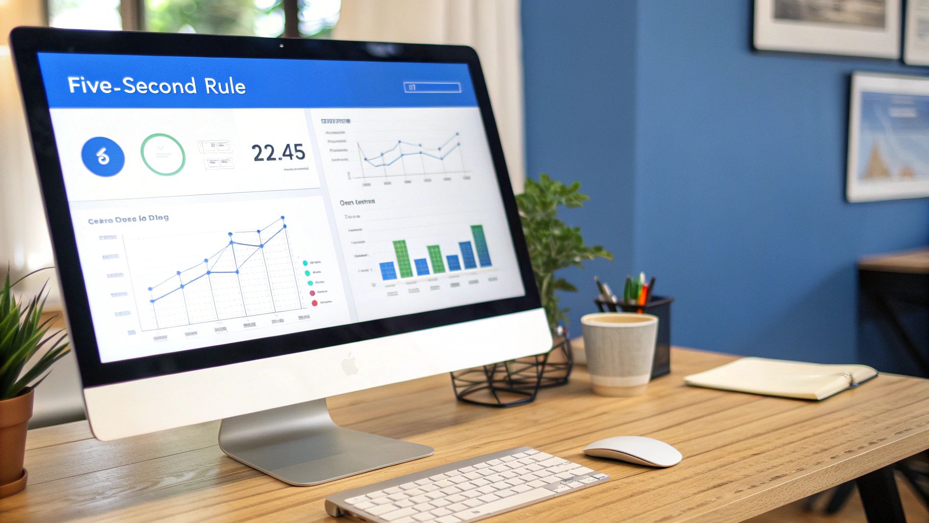A desktop computer displaying a data visualization dashboard on a wooden desk with a keyboard and mouse.
