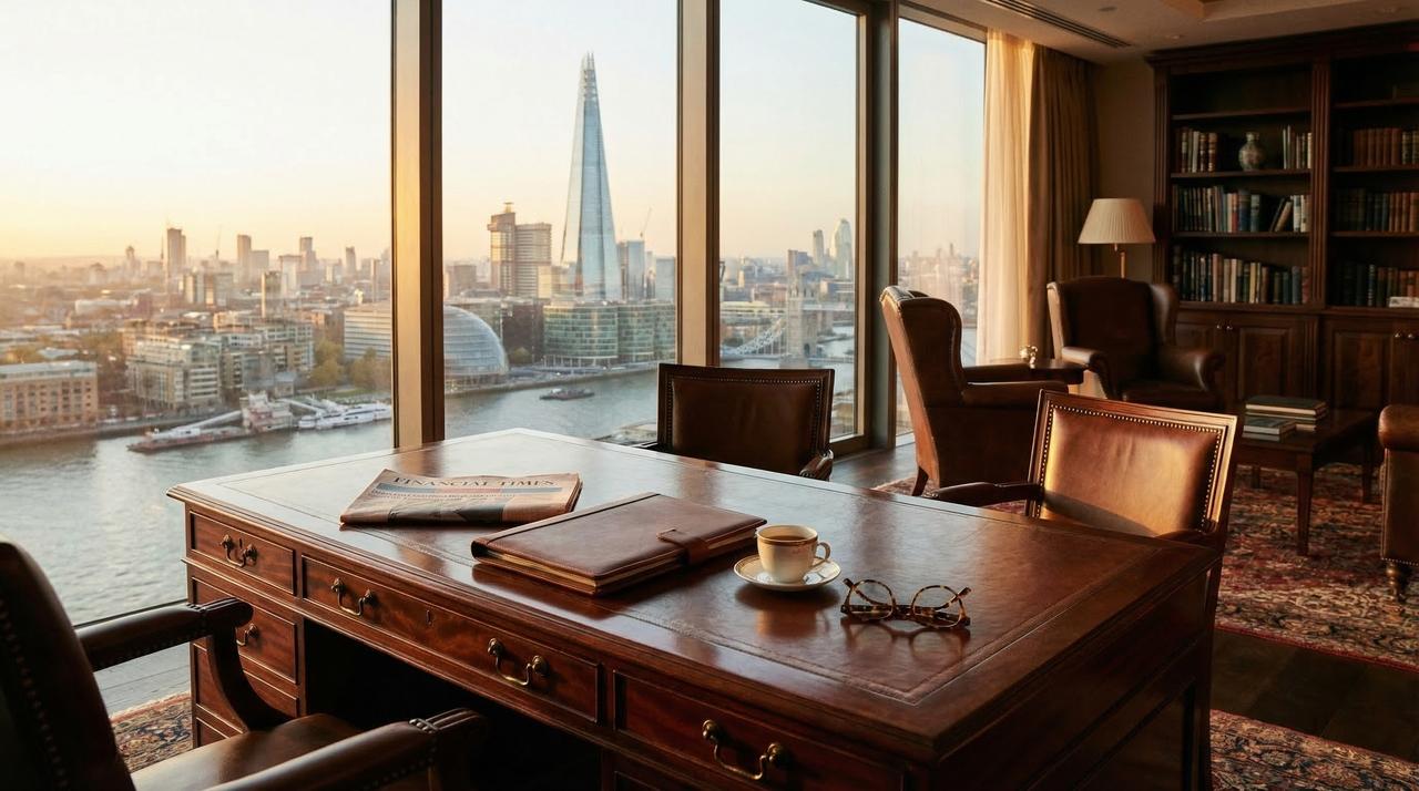 A writing desk with coffee and papers before a window overlooking the Thames.