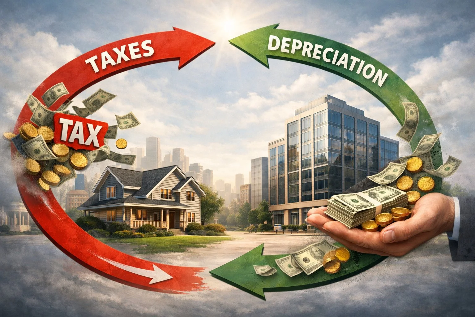 Abstract illustration of cash flow arrows around residential and commercial buildings, showing money leaving as taxes but retained through depreciation.