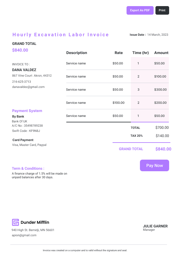 Hourly Excavation Labor Invoice