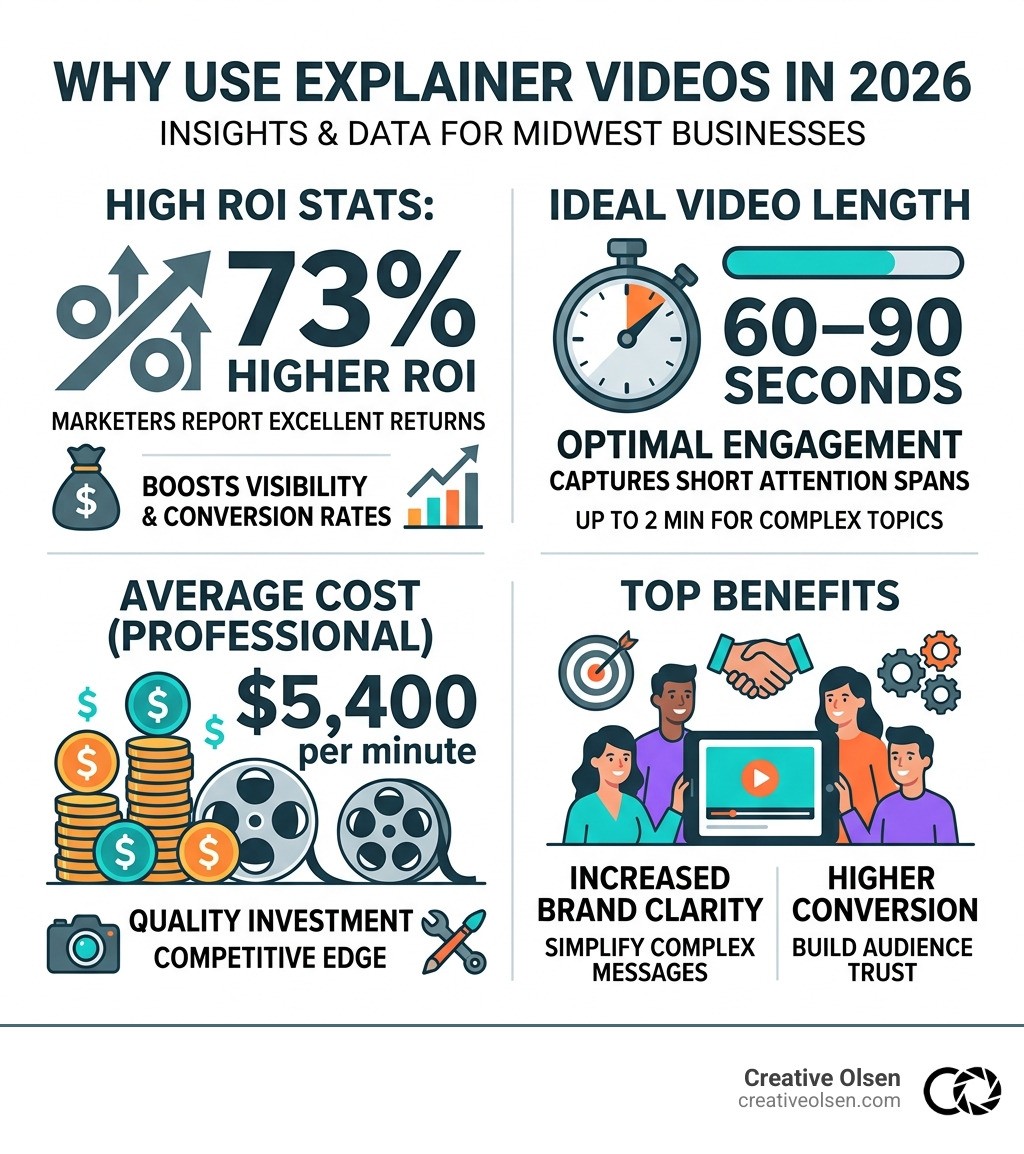 Infographic showing ROI stats, ideal video length, cost, and top benefits of explainer videos in 2026 - company explainer