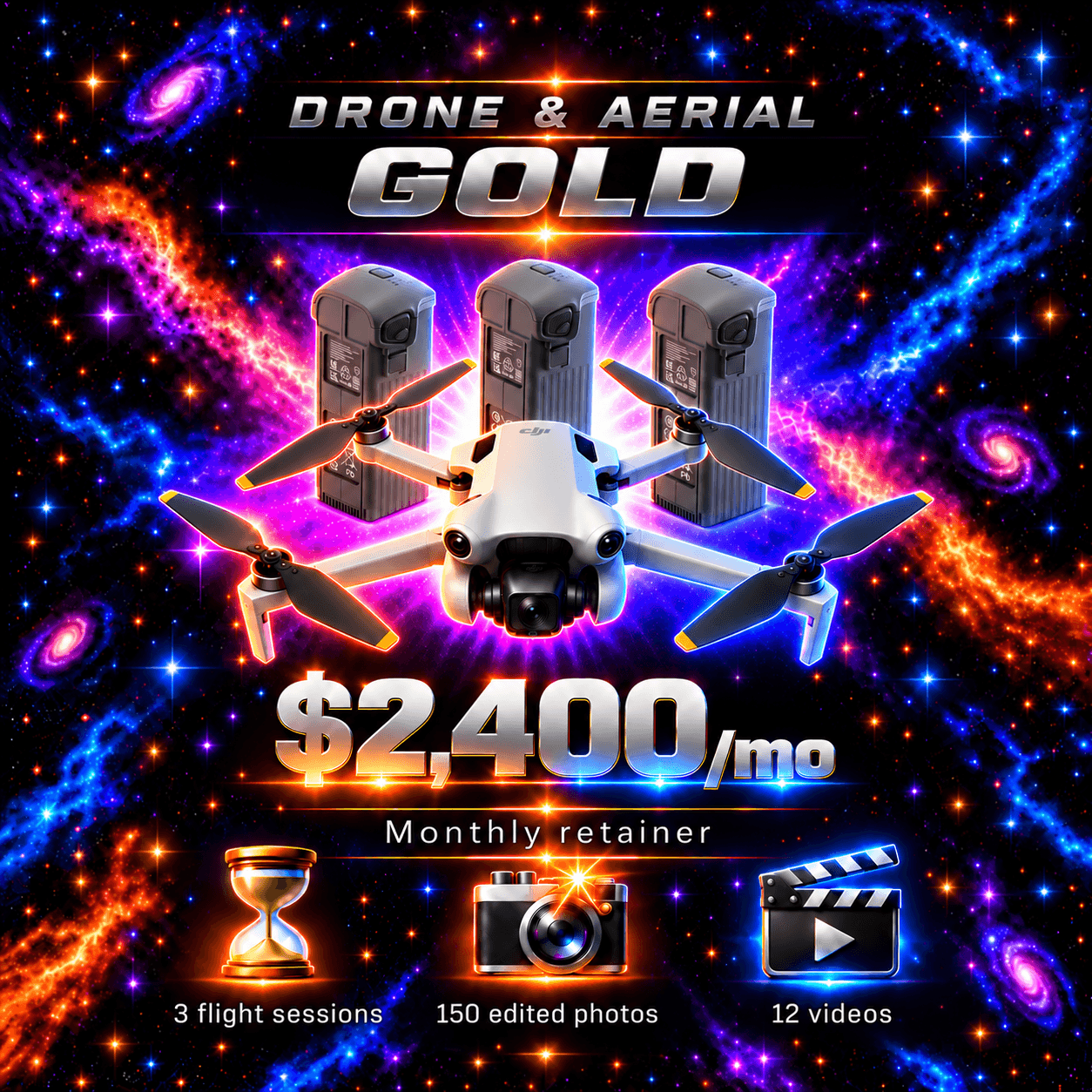 Gold Drone & Aerial pricing artwork; illustrated equipment imagery.