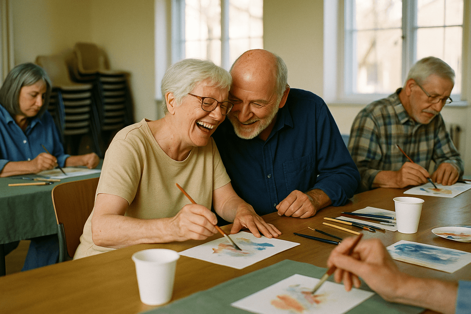 A group of older adults share a laugh while painting watercolors together at a senior center table.