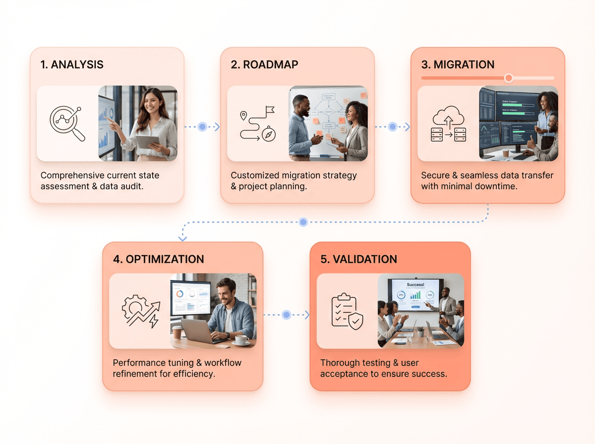 Five-step TypeScript migration workflow showing analysis, planning, migration, optimization, and validation stages for a zero-disruption frontend upgrade.