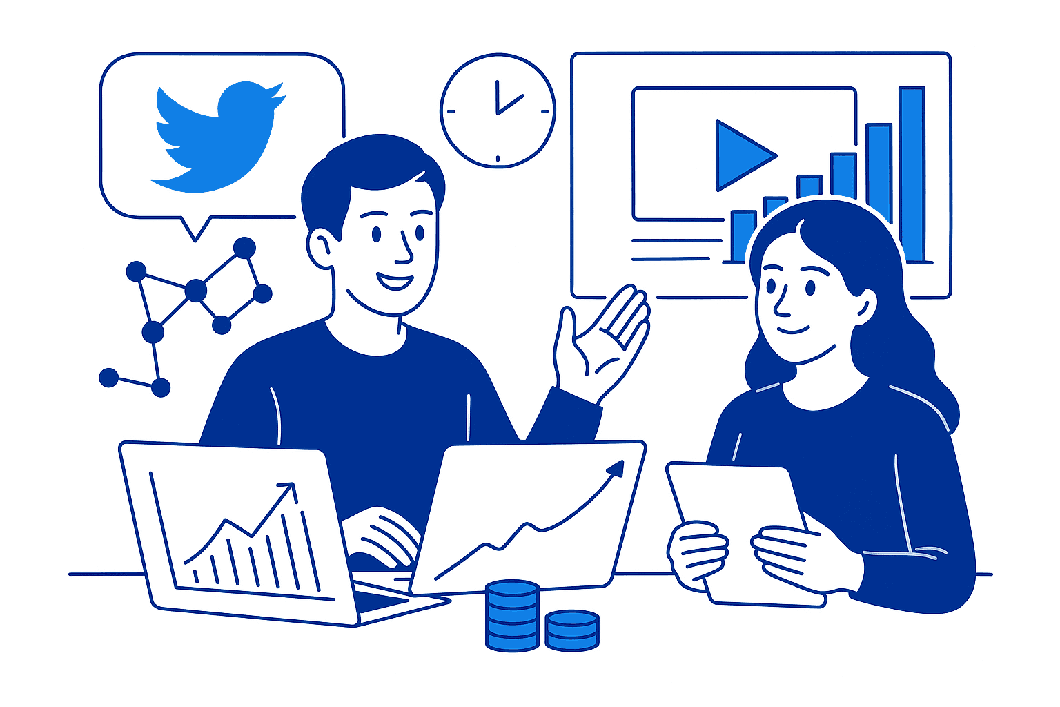 Illustration of two people discussing different platforms for achieving specific goals in a KOL marketing campaign