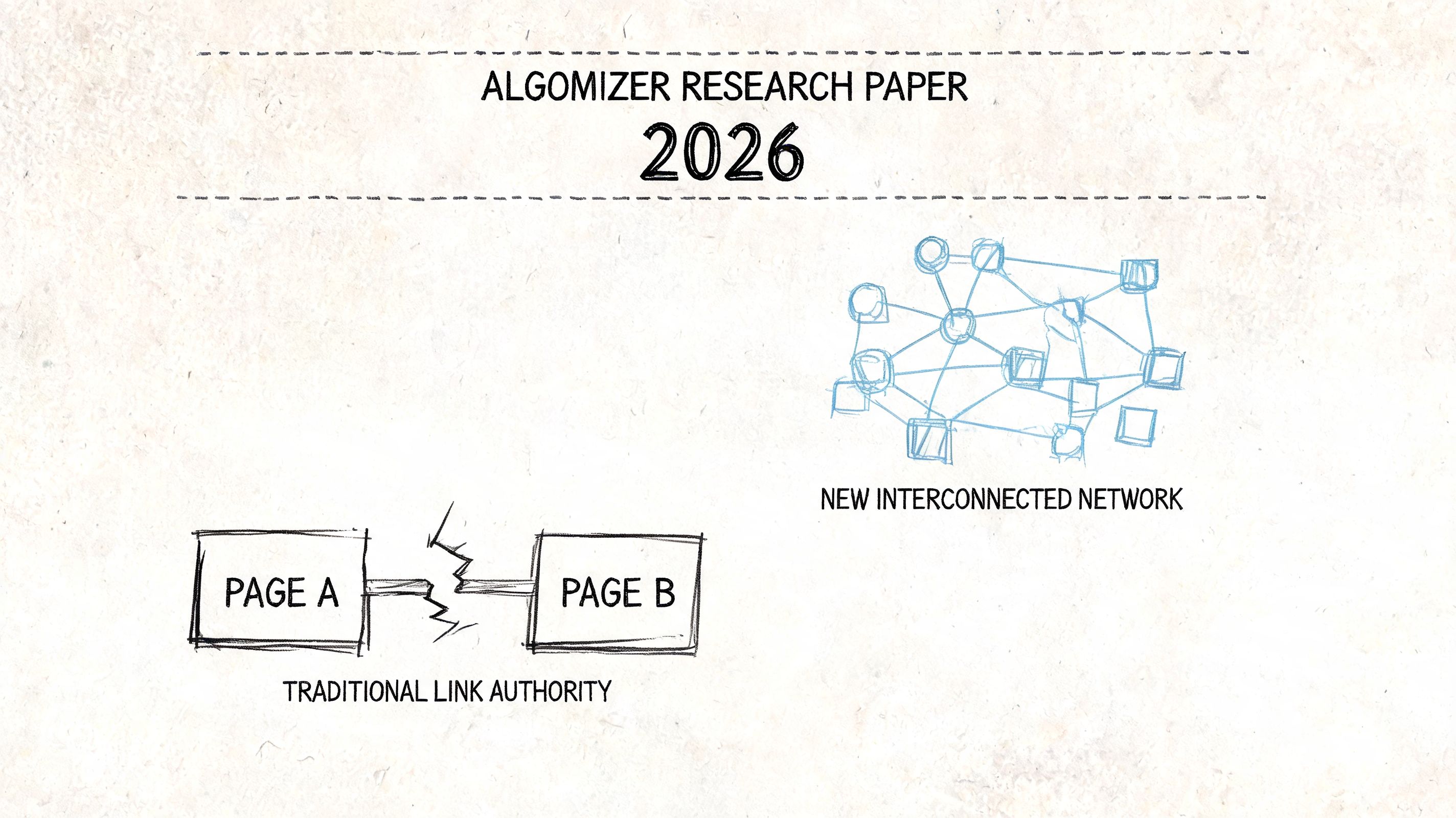 A diagram comparing traditional link authority with a new interconnected network structure for generative search optimization.