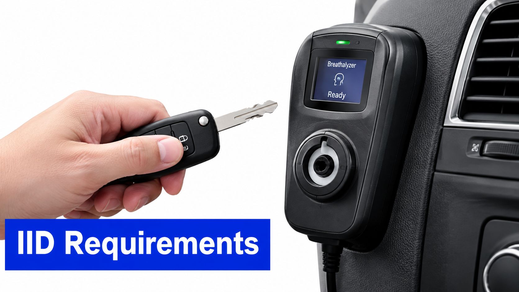 A hand holding a car key fob near an ignition interlock device installed inside a vehicle dashboard.