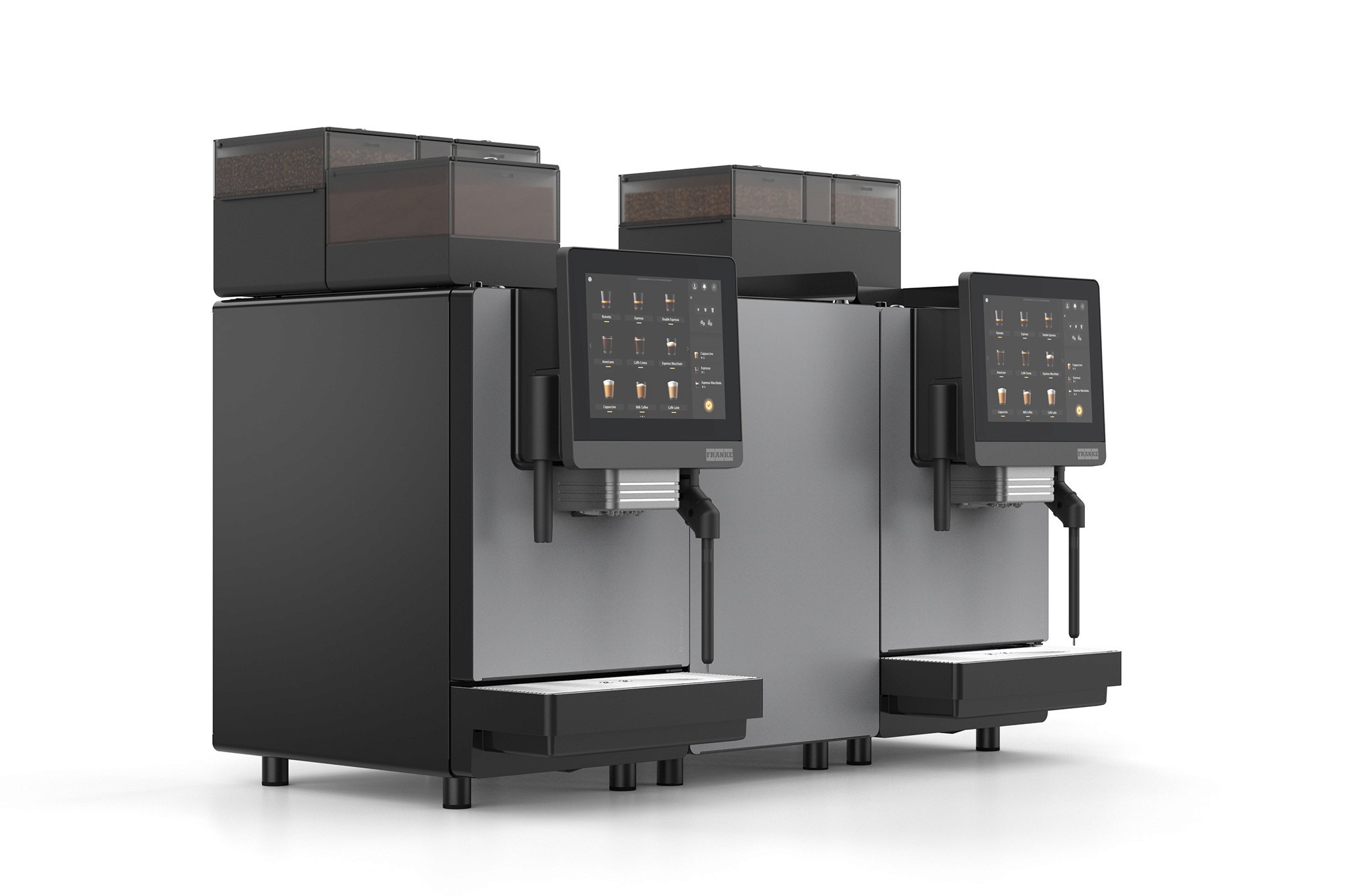 Ansicht von links-vorne von neuer A-Linie Kaffee-Vollautomat in schwarz bestehend aus Doppel-Kaffeemaschine und Kühlschrank-Modul (Franke, 2025)