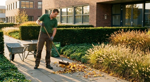 Man veegt bladeren op een bedrijfsterrein bij groen onderhoud.