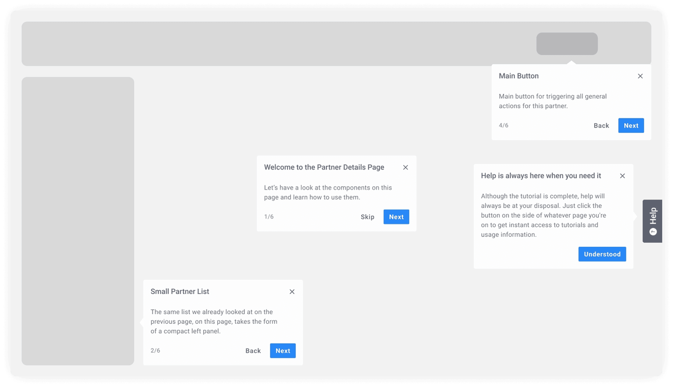 Desktop onboarding UI for an ERP platform showing varous user tooltips
