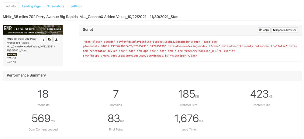 Ad Reform ad qa load time and size metrics