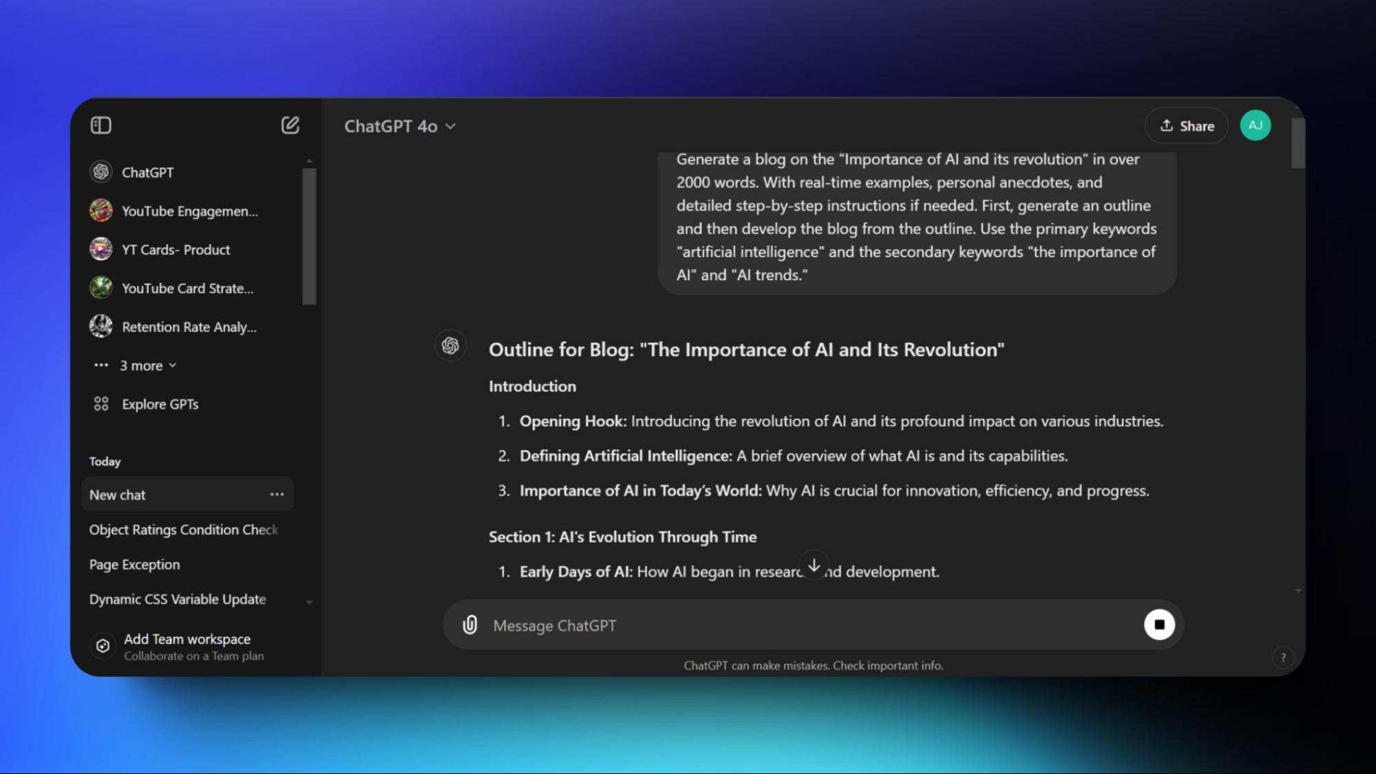  Screenshot of a ChatGPT workspace featuring an outline for a blog titled "The Importance of AI and Its Revolution," showing the introduction and sections.